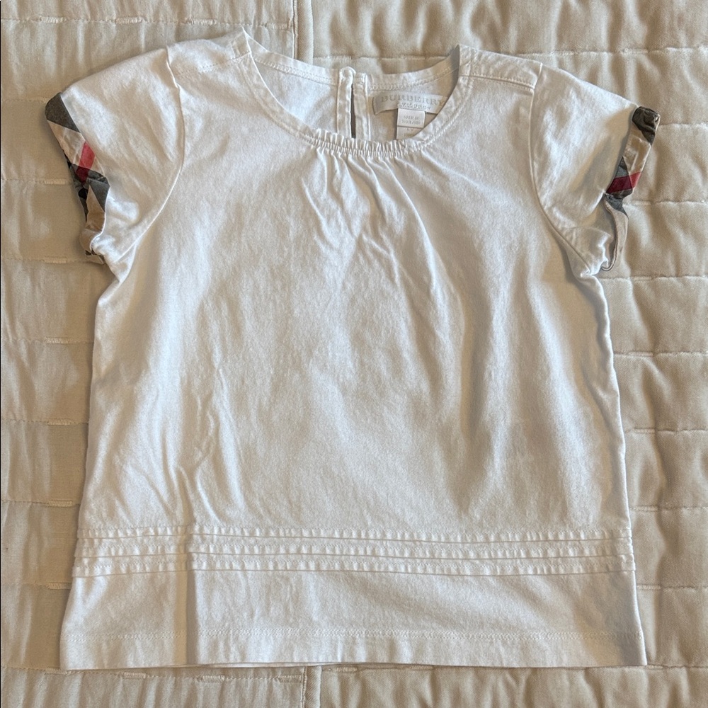 Burberry White Tee with Plaid Sleeve Accents